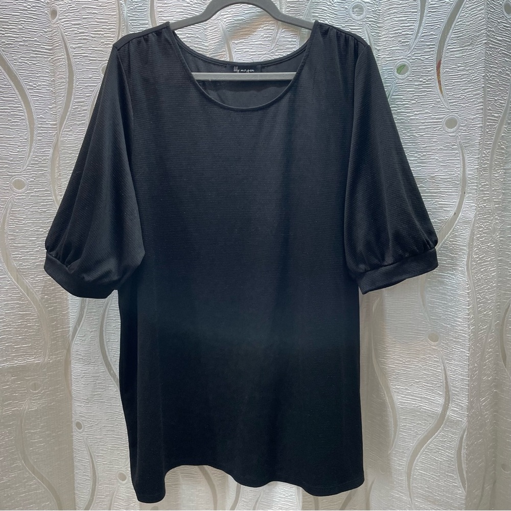 Lily Morgan Puff Sleeve Top Womens 2X Black Excellentβ Metallic Shimmer 431903